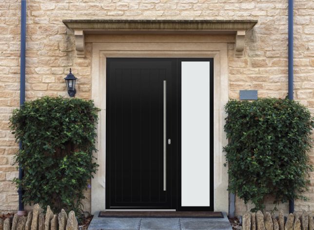 Abbey Solid - Aluminium Black Front Door - With Sidelight