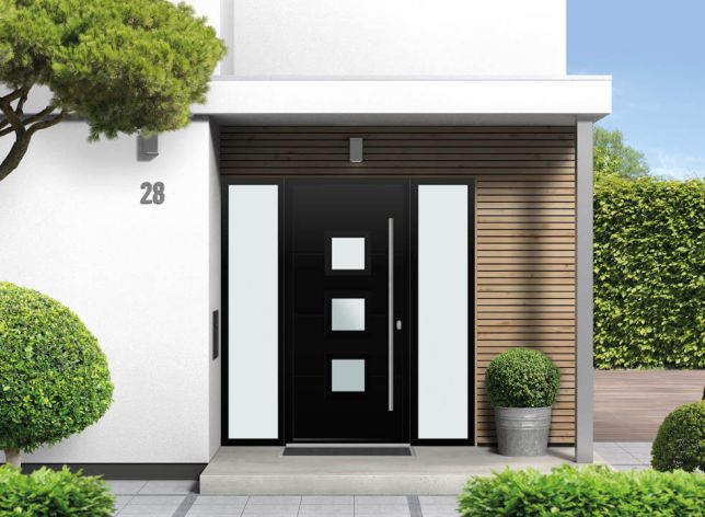 Lansdown - Aluminium Black Front Door - With Double Sidelight