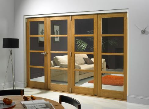 An example of an internal bifold door leading to a couch